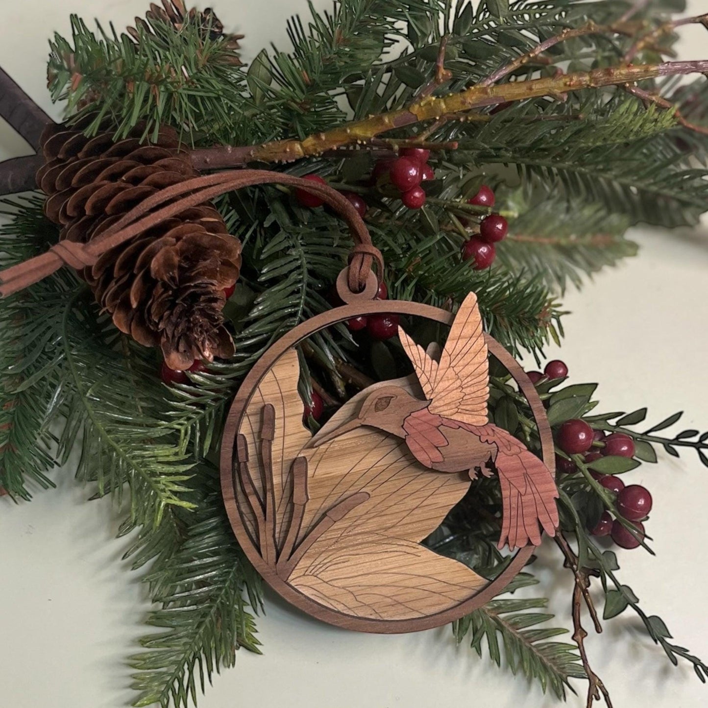 Handcrafted Wooden Hummingbird Ornament – Engraved Feather & Floral Details