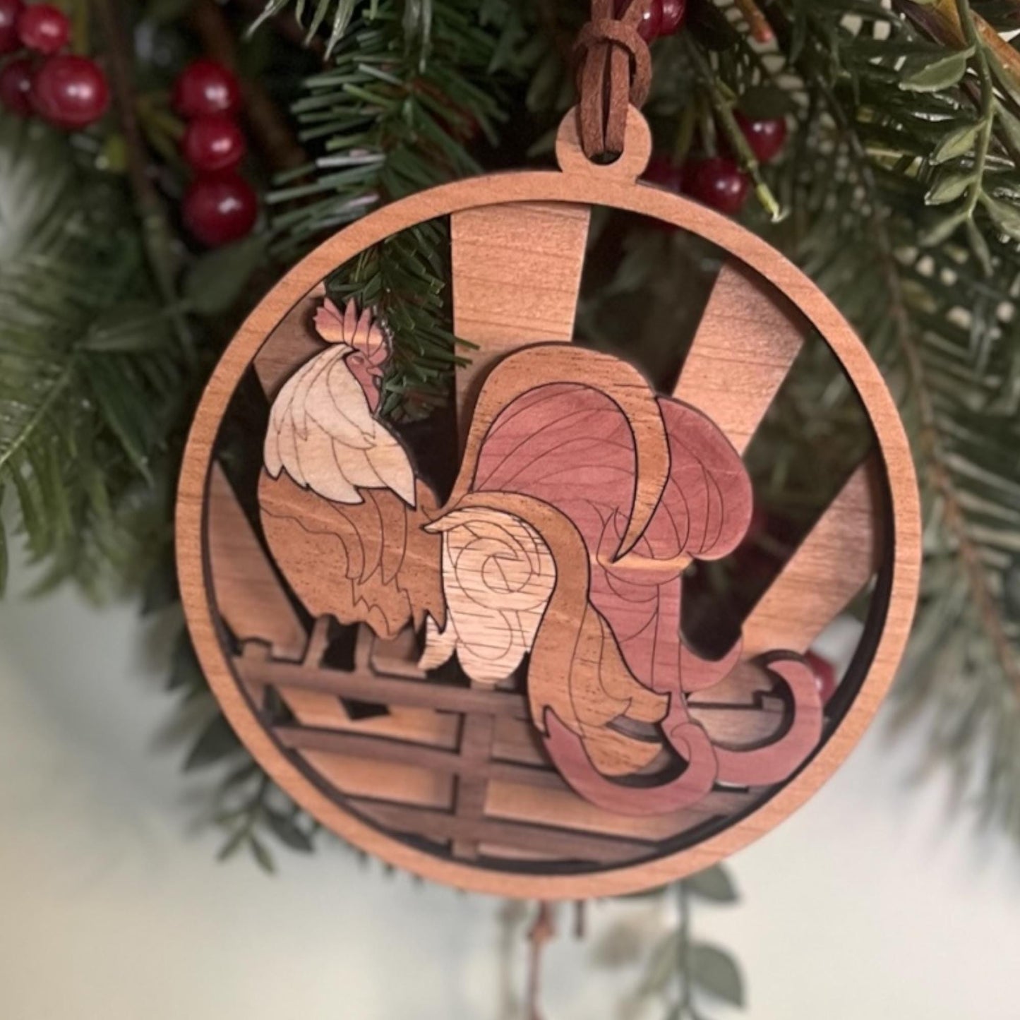 Handcrafted Layered Wood Rooster Ornament – Farmhouse Christmas Decor