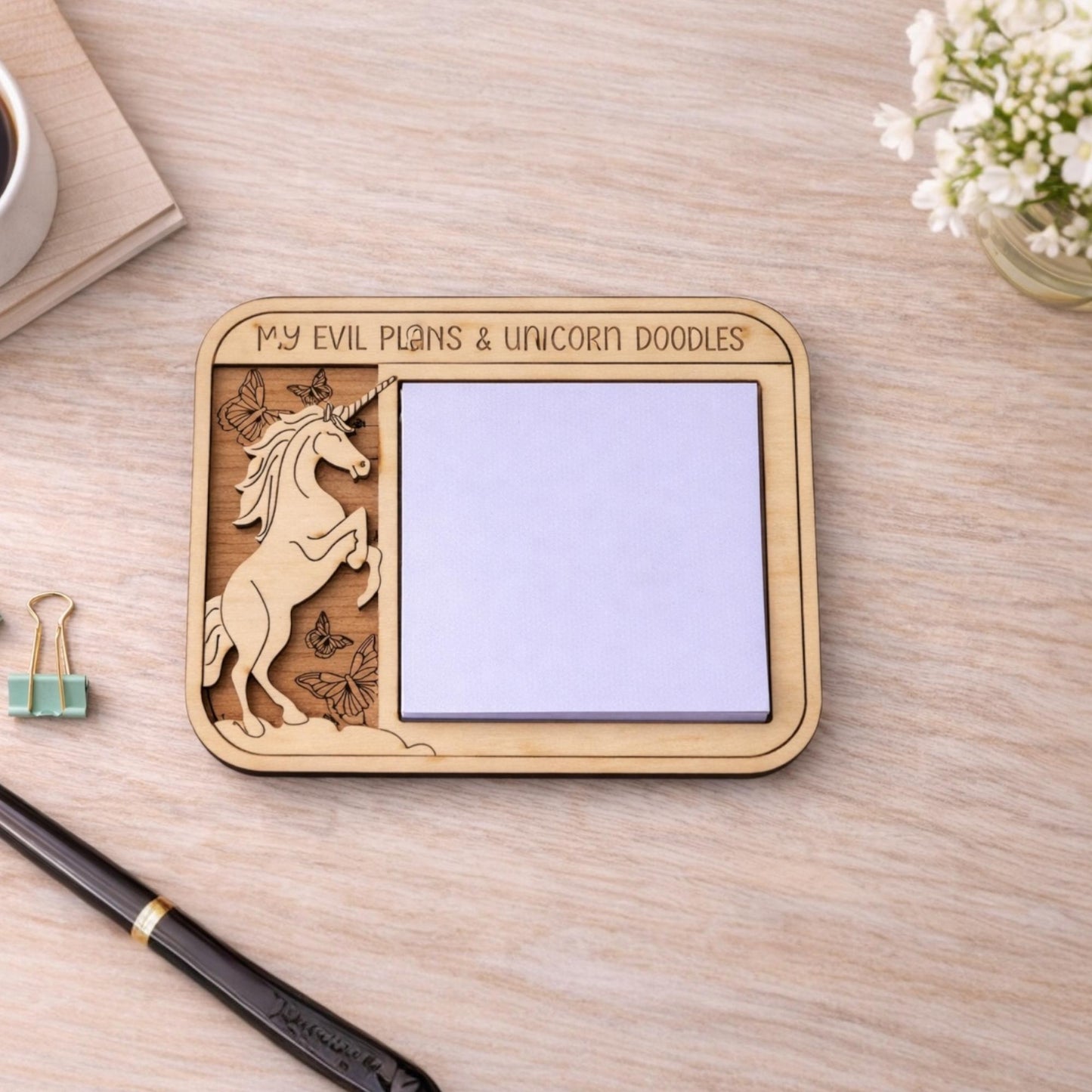 Laser Cut Wood Unicorn Sticky Note Holder | Desk Organizer