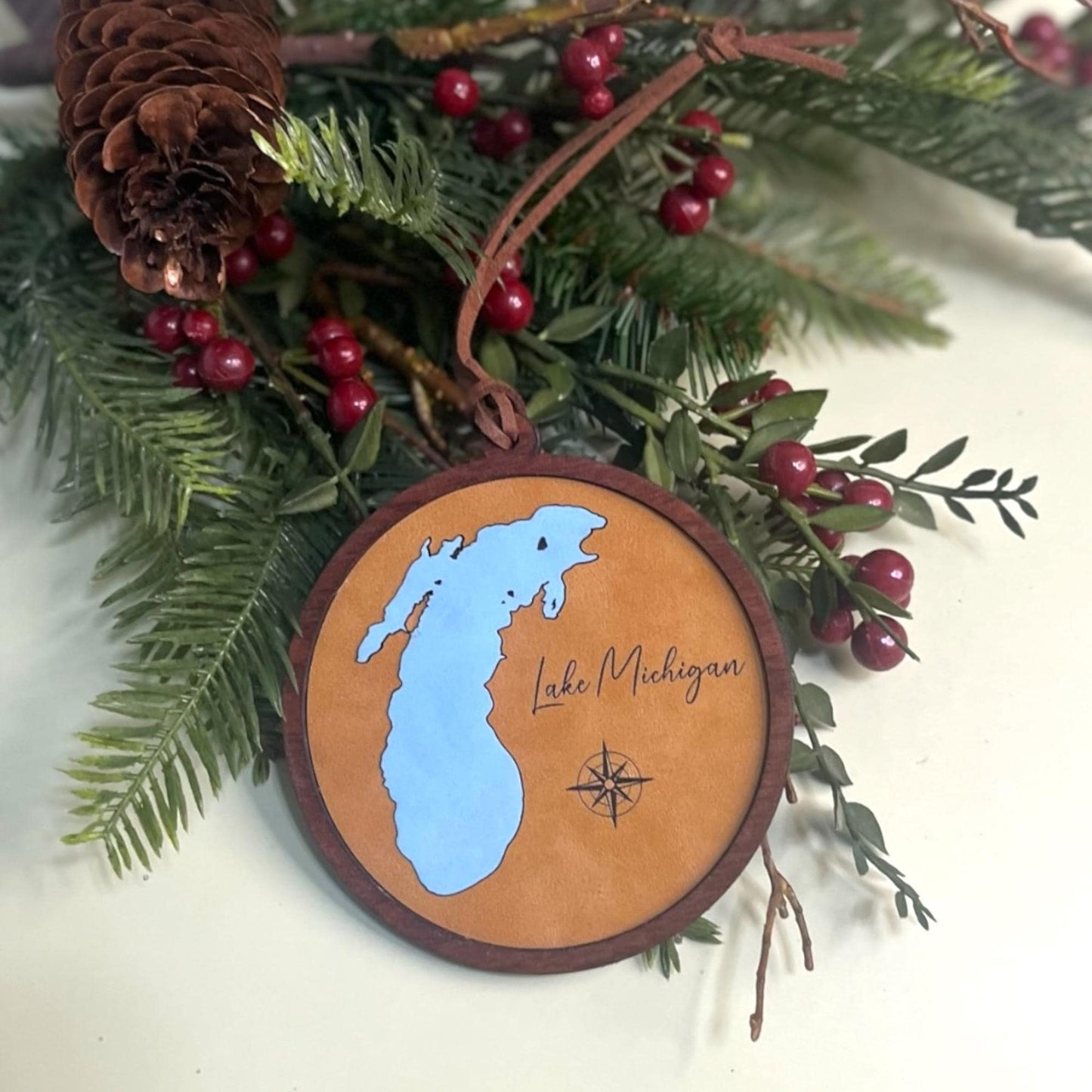 Lake Michigan Ornament – Wood & Leather Lakes Decor