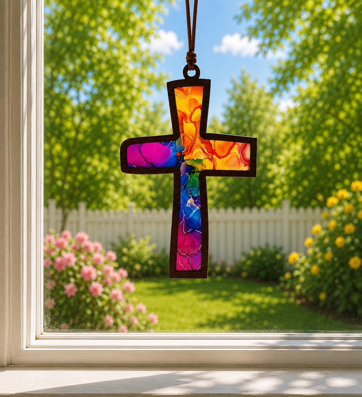 Colorful Cross Stained Glass Style Suncatcher