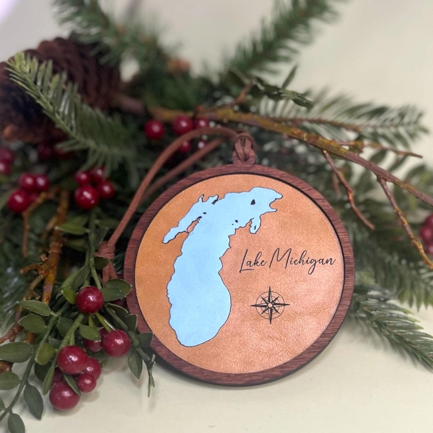 Lake Michigan Ornament – Wood & Leather Lakes Decor
