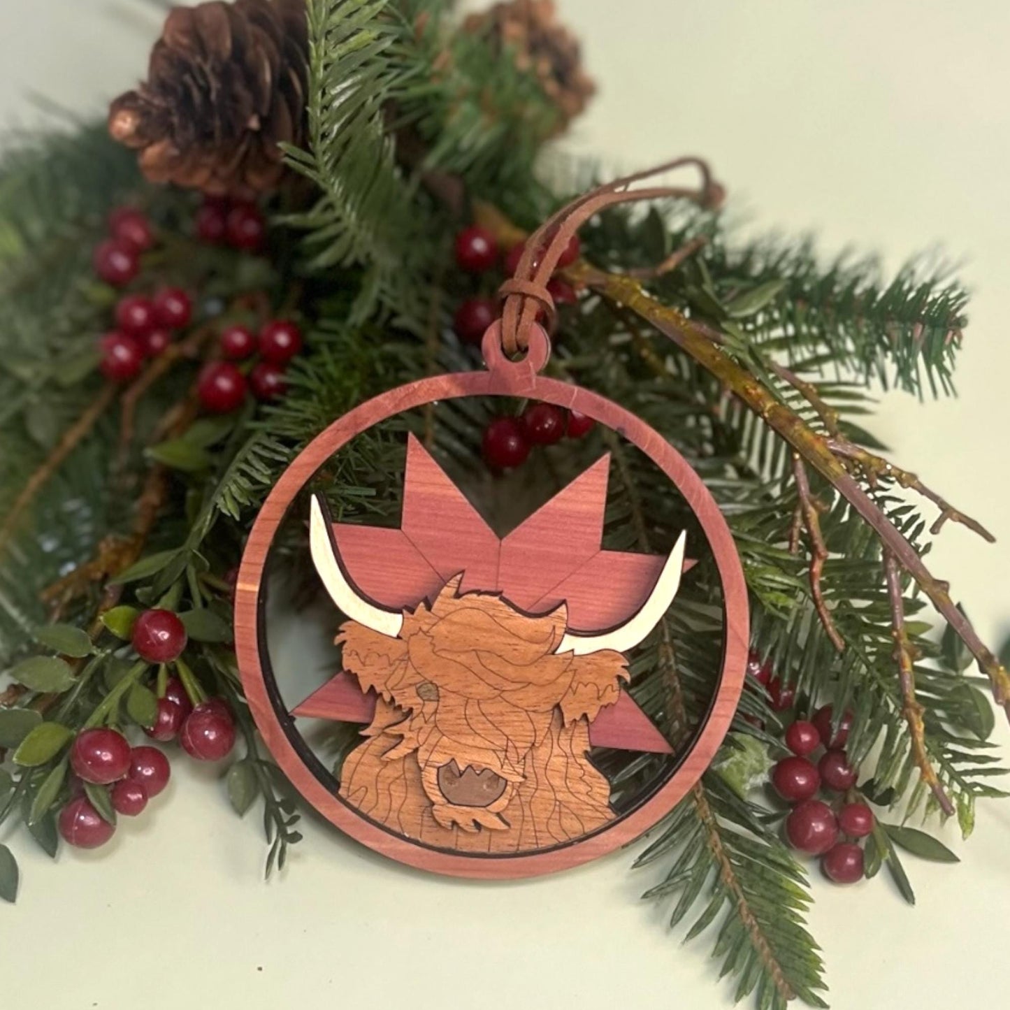 Highland Cow Wooden Christmas Ornament – Rustic Farmhouse Decor