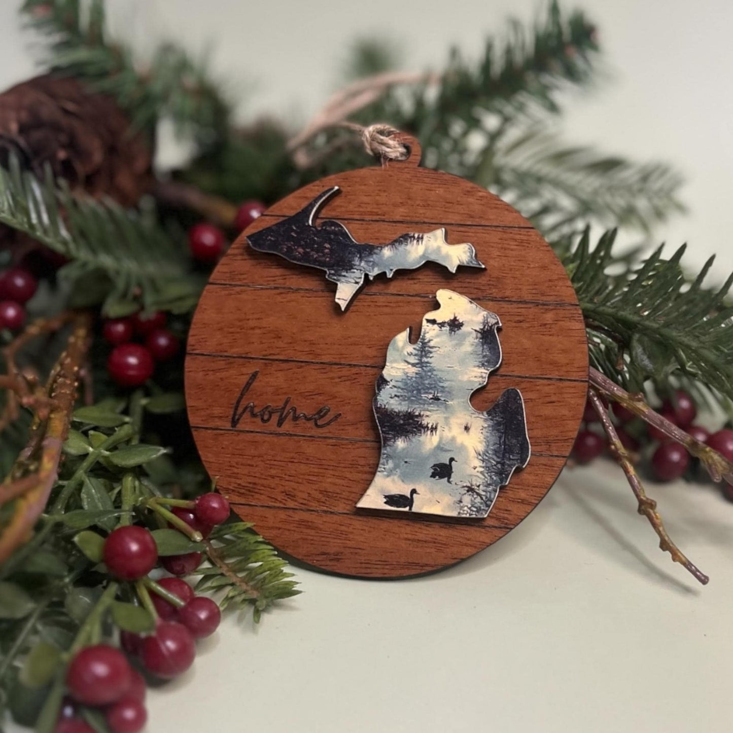 Michigan Lake Reflection Ornament – State Wood Keepsake