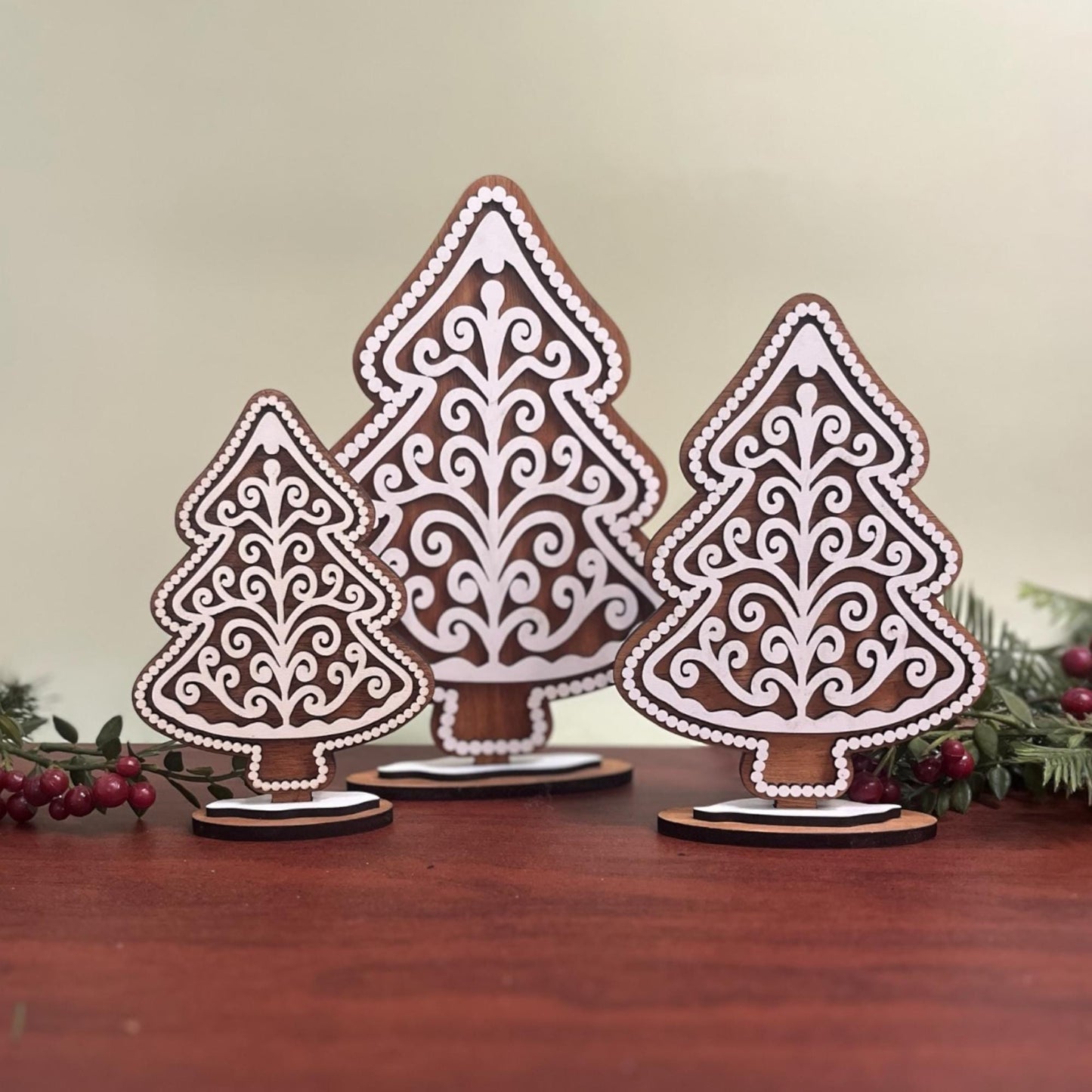 Gingerbread Christmas Tree Decor Set | Layered Wood Holiday Trees | Rustic Christmas Shelf Sitters | Gingerbread Decor Trio
