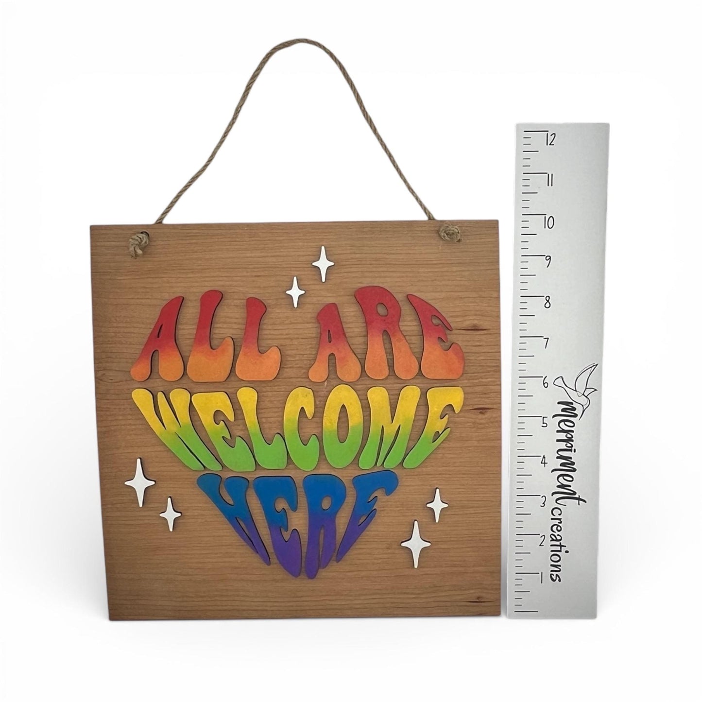 Rainbow All Are Welcome Here Sign | Inclusive Wood Wall Decor