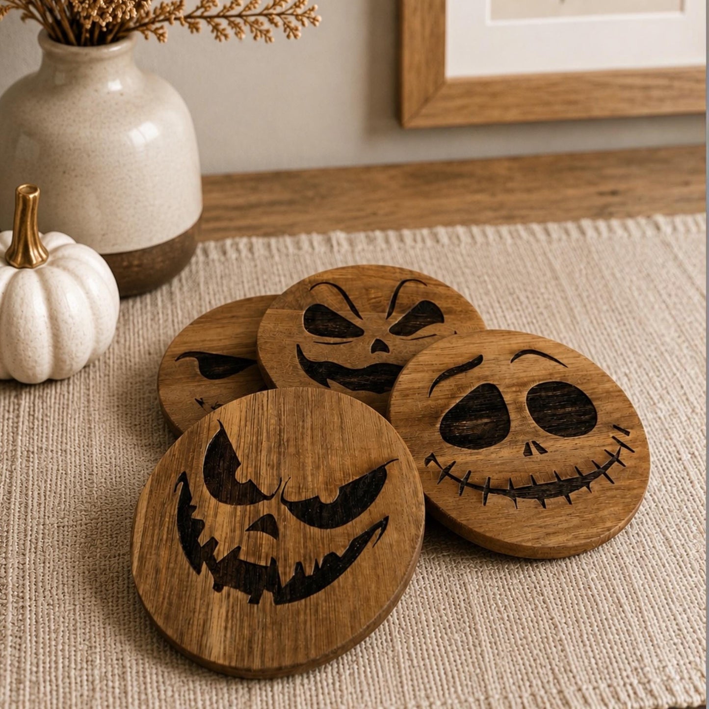 Set of 4 Wood Jack-O’-Lantern Coasters | Spooky Decor