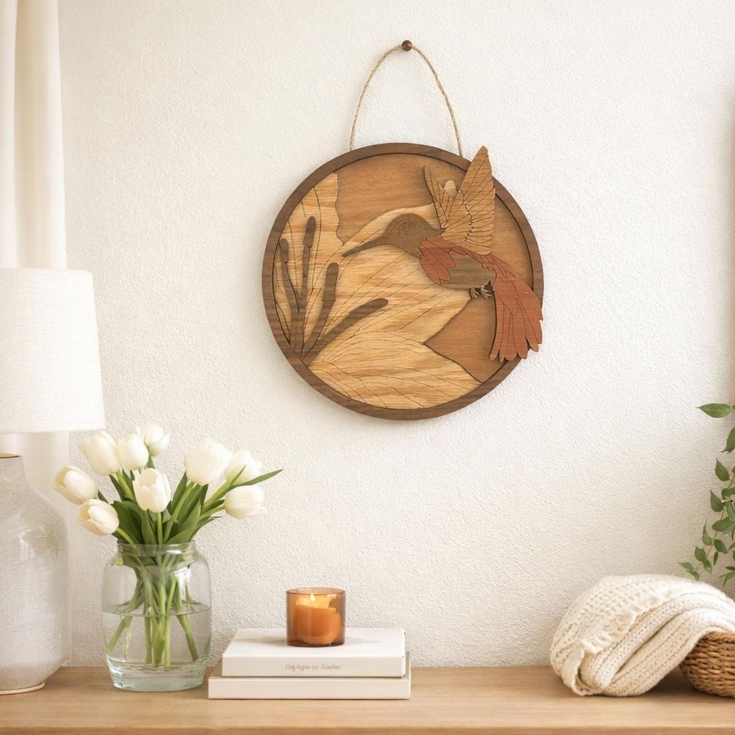 Layered Wood Hummingbird Wall Art | Round Nature Decor