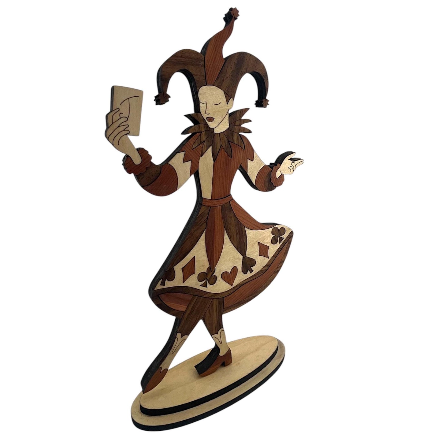 Laser Cut Jester Wood Sculpture | Whimsical Playing Card Decor