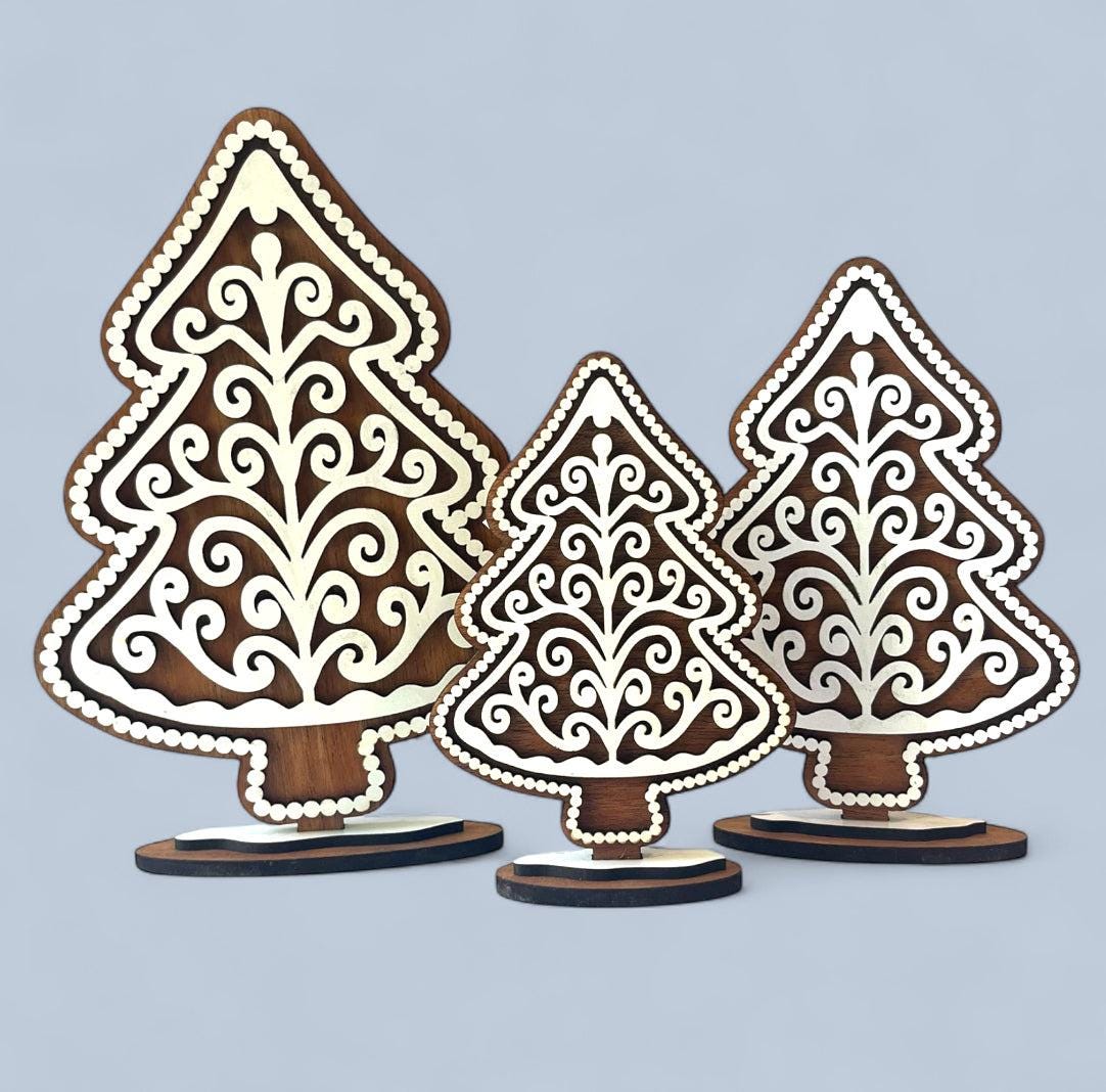 Gingerbread Christmas Tree Decor Set | Layered Wood Holiday Trees | Rustic Christmas Shelf Sitters | Gingerbread Decor Trio