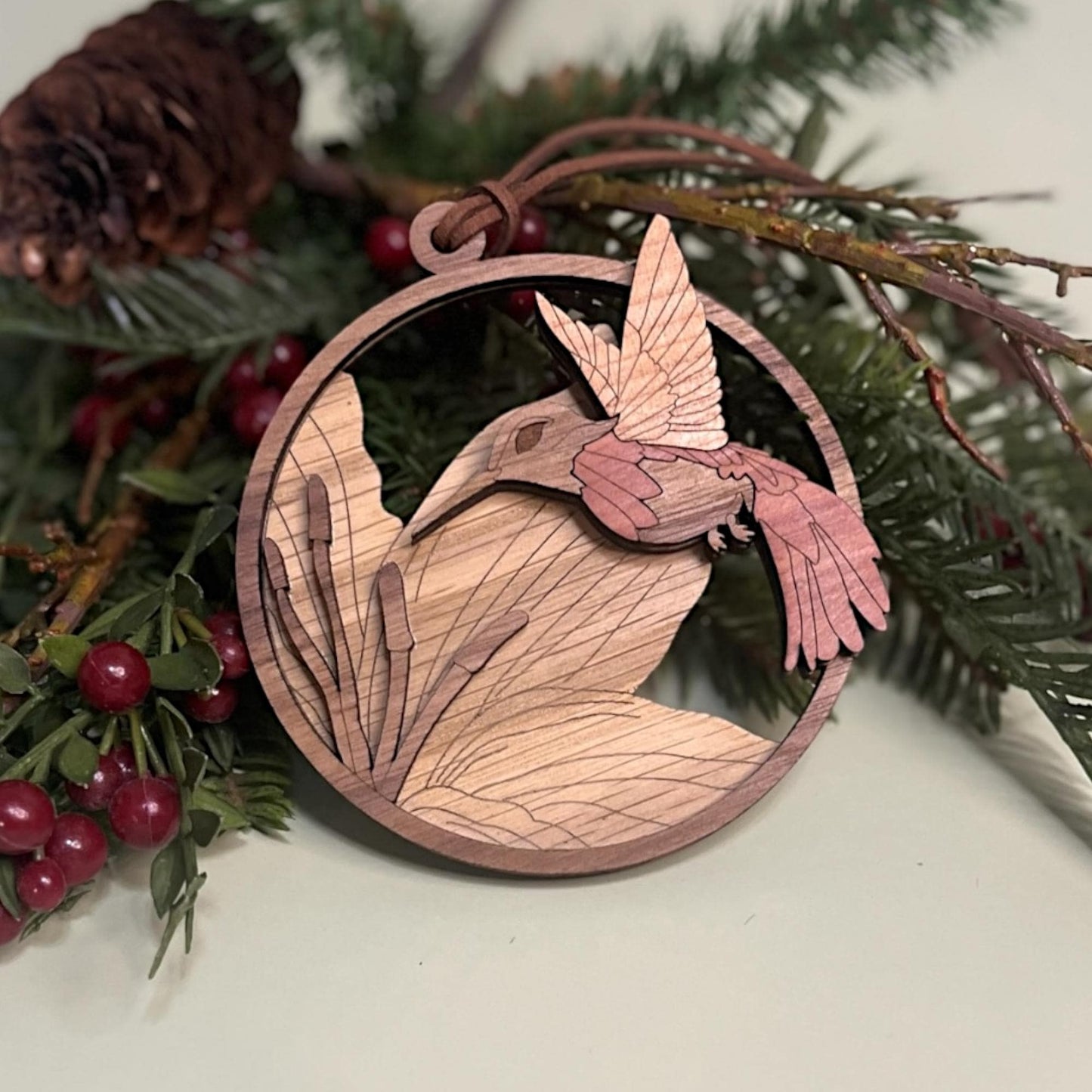Handcrafted Wooden Hummingbird Ornament – Engraved Feather & Floral Details
