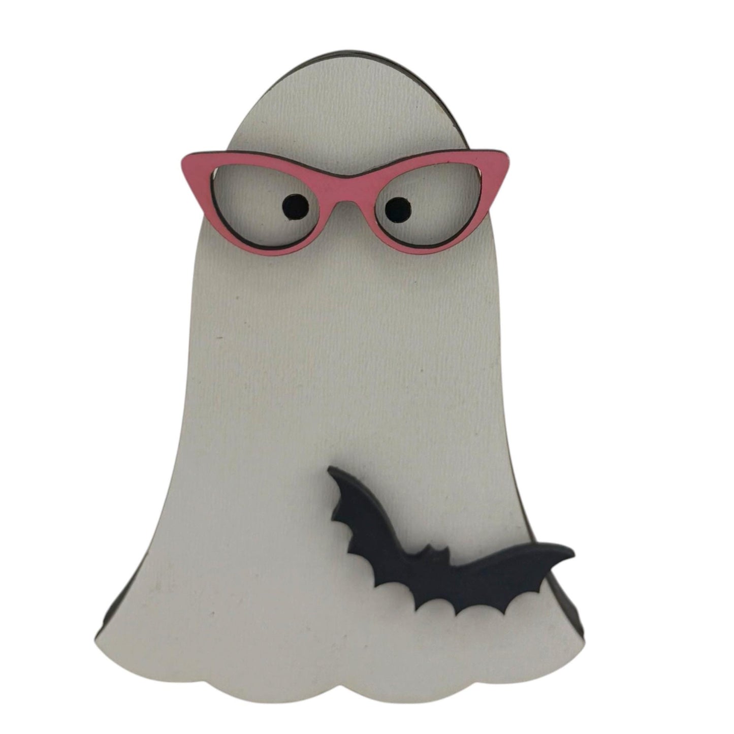 Halloween Ghost Shelf Sitter with Cat-Eye Glasses, Bat, Boo Decorations