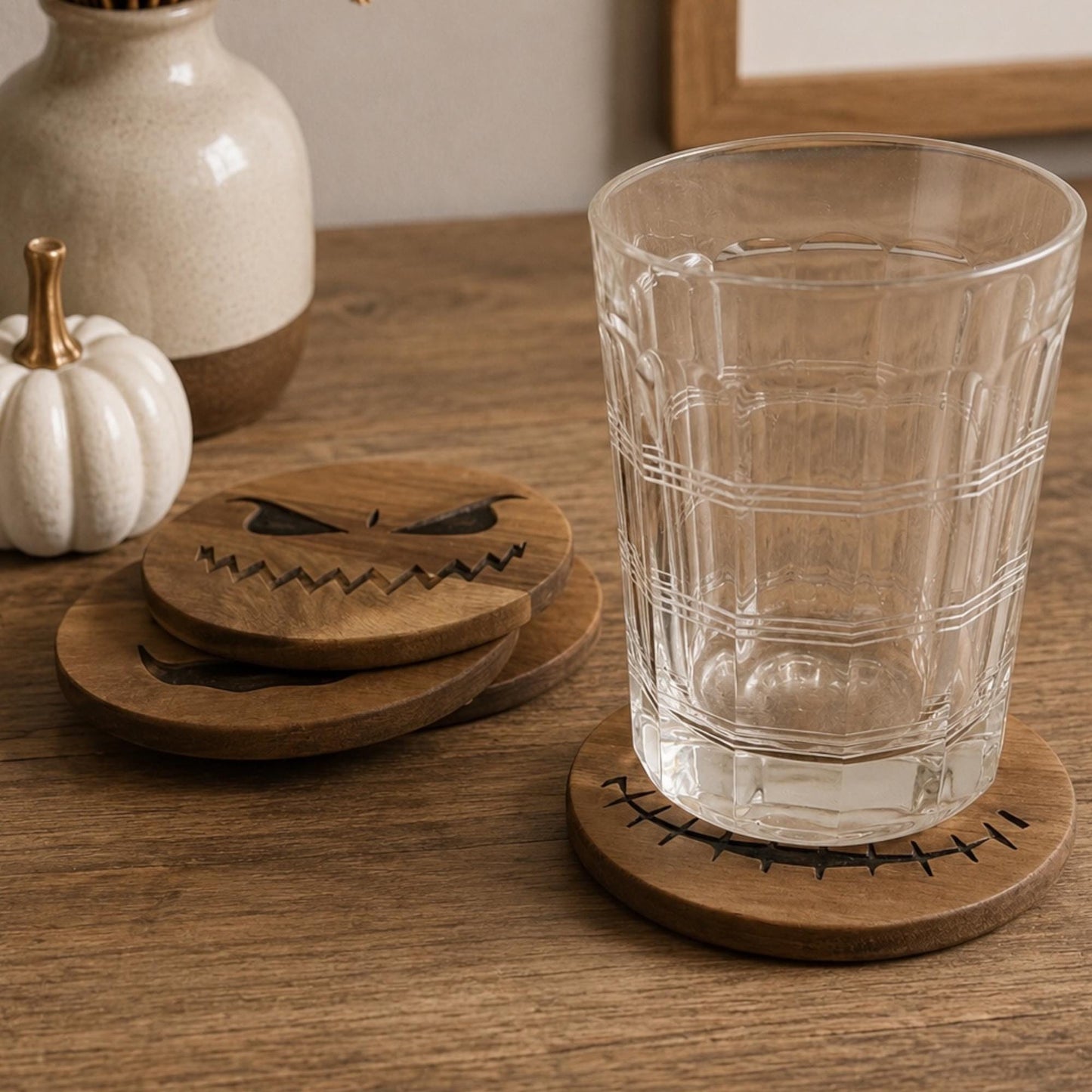 Set of 4 Wood Jack-O’-Lantern Coasters | Spooky Decor
