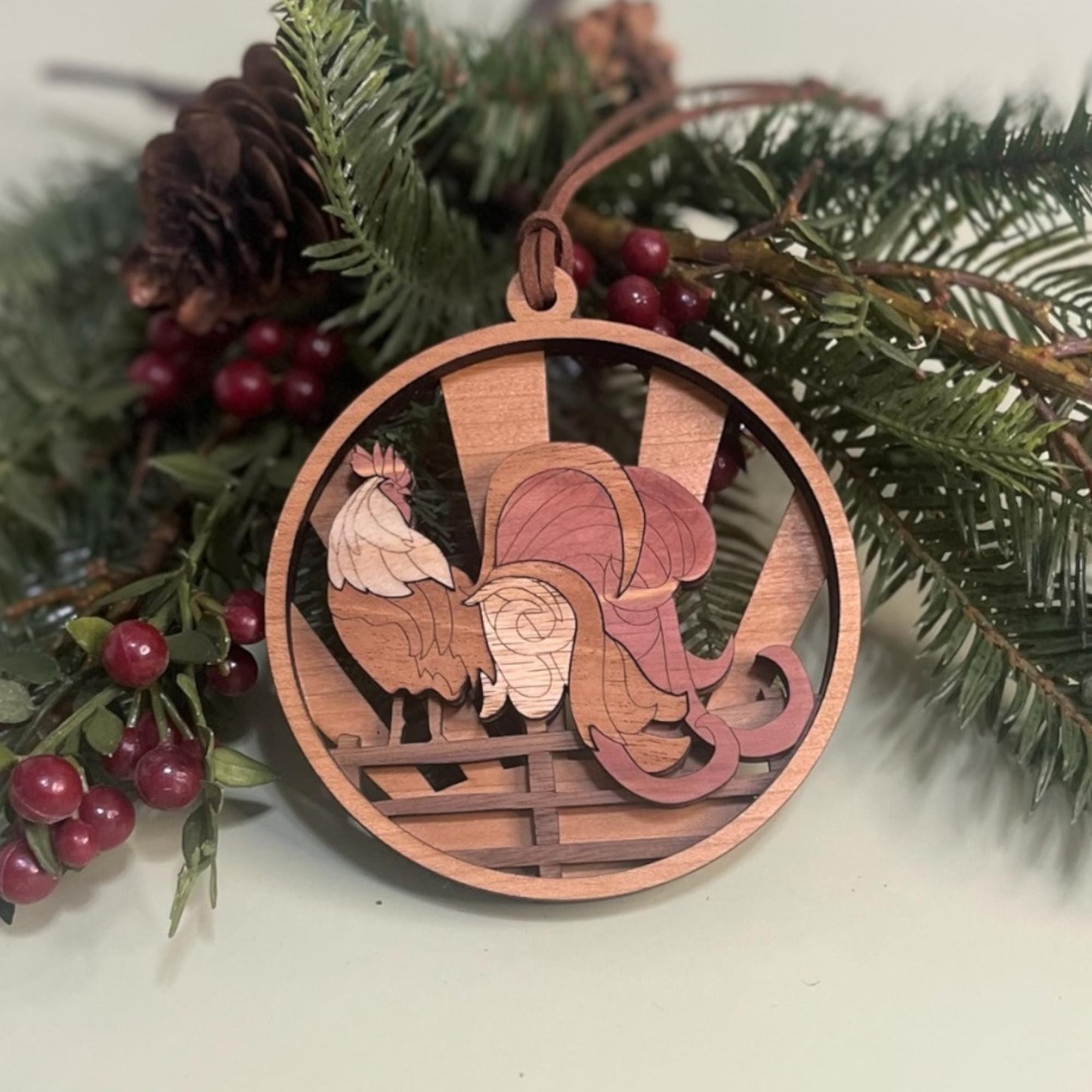 Handcrafted Layered Wood Rooster Ornament – Farmhouse Christmas Decor