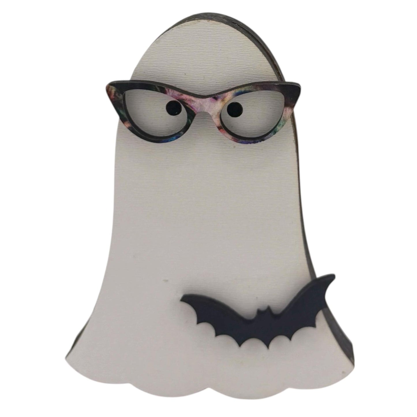 Halloween Ghost Shelf Sitter with Cat-Eye Glasses, Bat, Boo Decorations