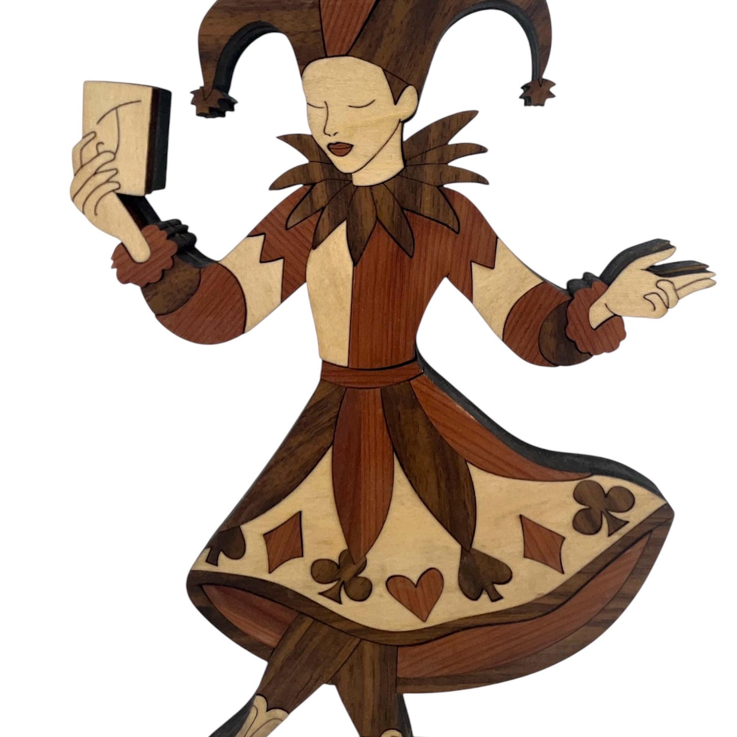 Laser Cut Jester Wood Sculpture | Whimsical Playing Card Decor