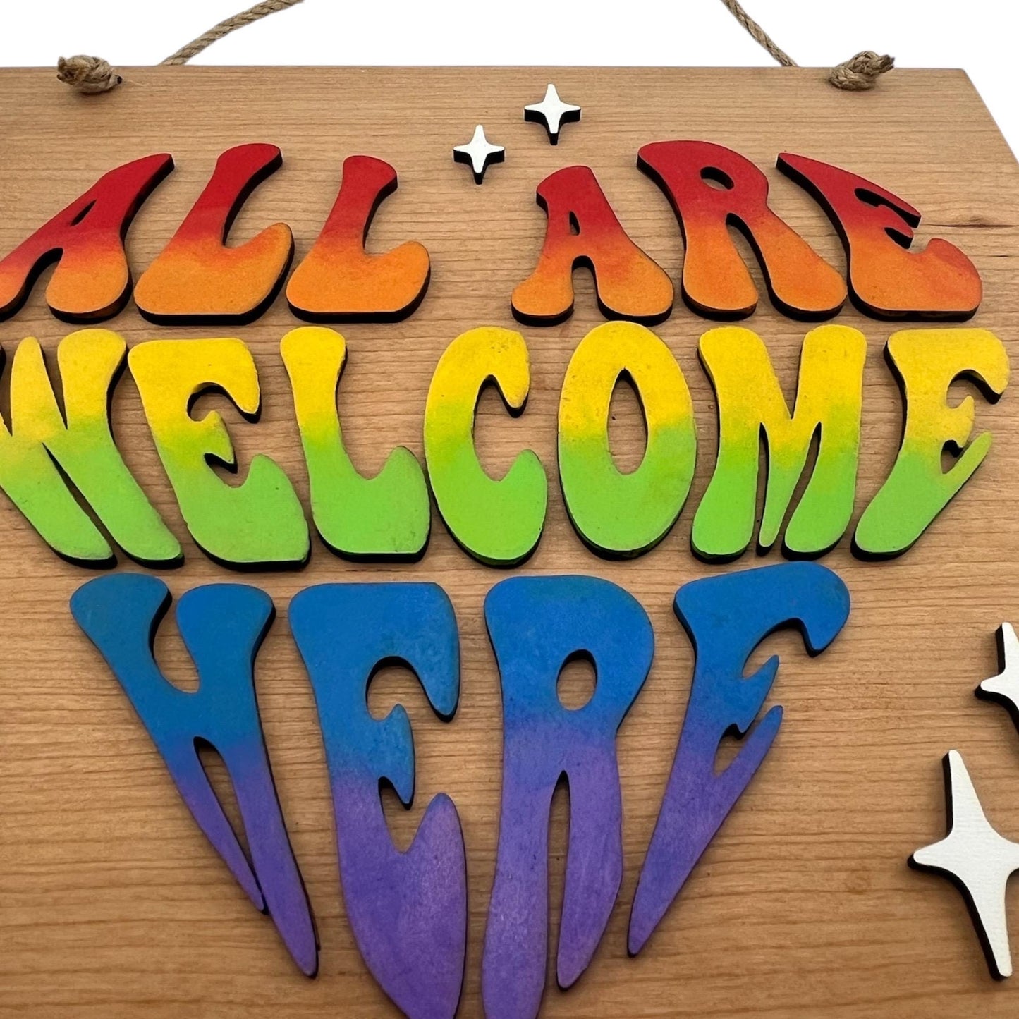 Rainbow All Are Welcome Here Sign | Inclusive Wood Wall Decor