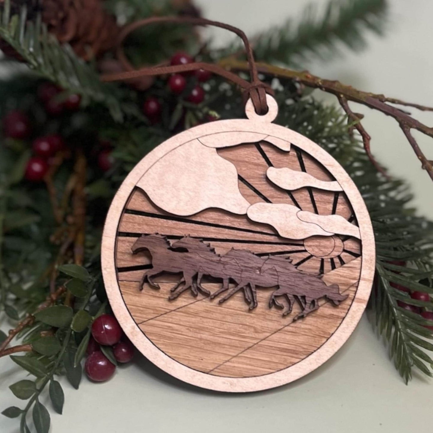 Wild Horses Wooden Ornament – Rustic Western Holiday Decor