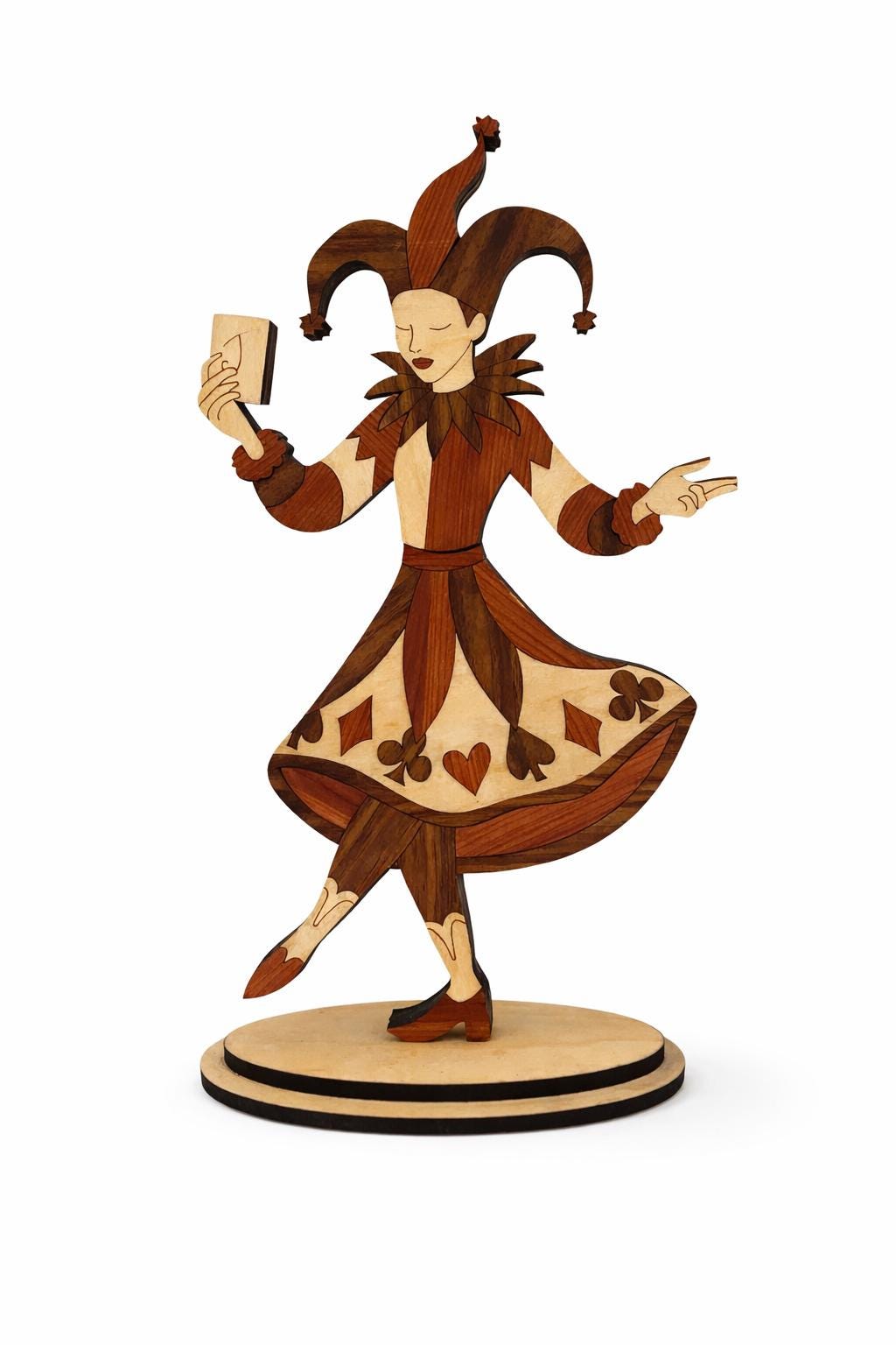 Laser Cut Jester Wood Sculpture | Whimsical Playing Card Decor