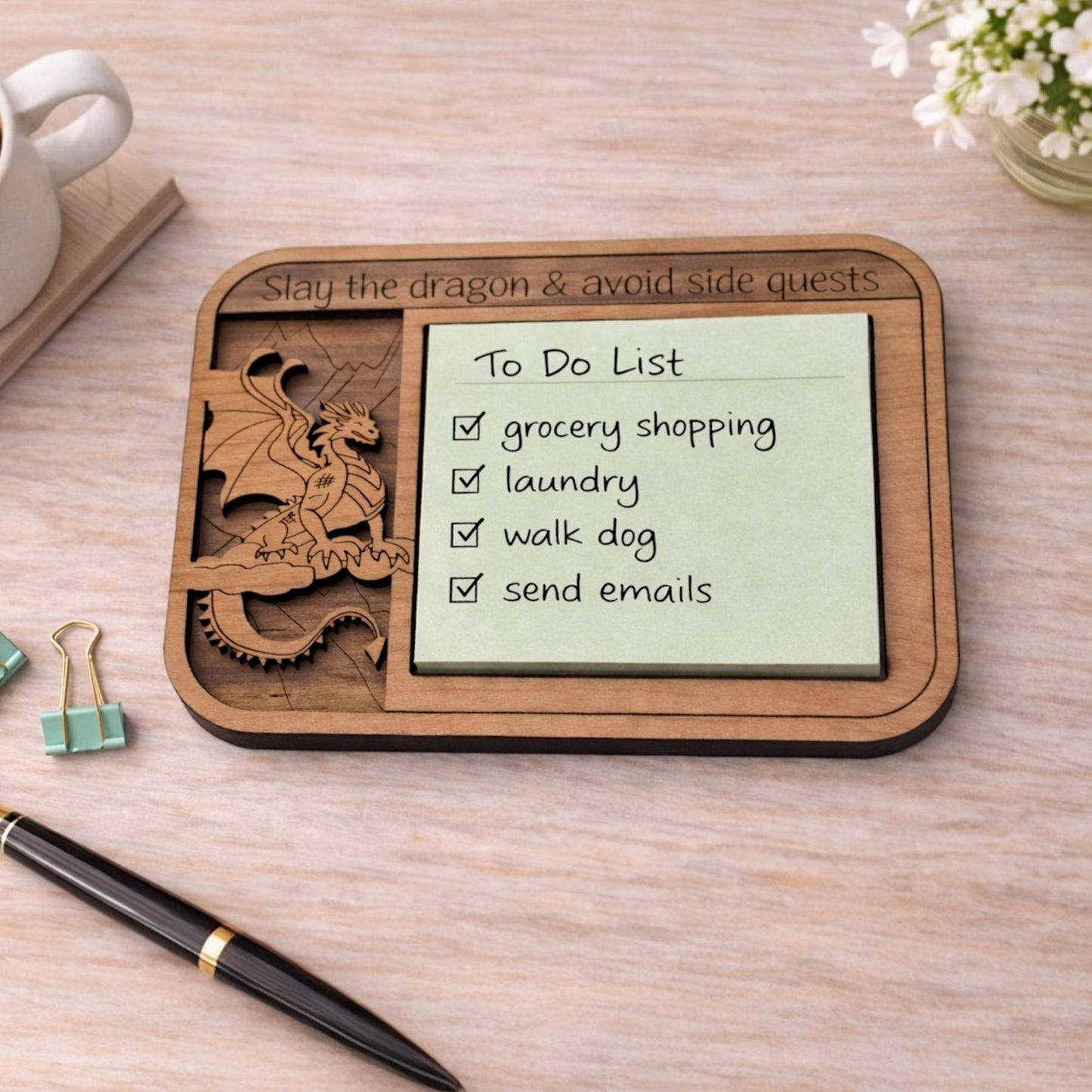 Laser Cut Dragon Sticky Note Holder | Wood Gamer Desk Organizer