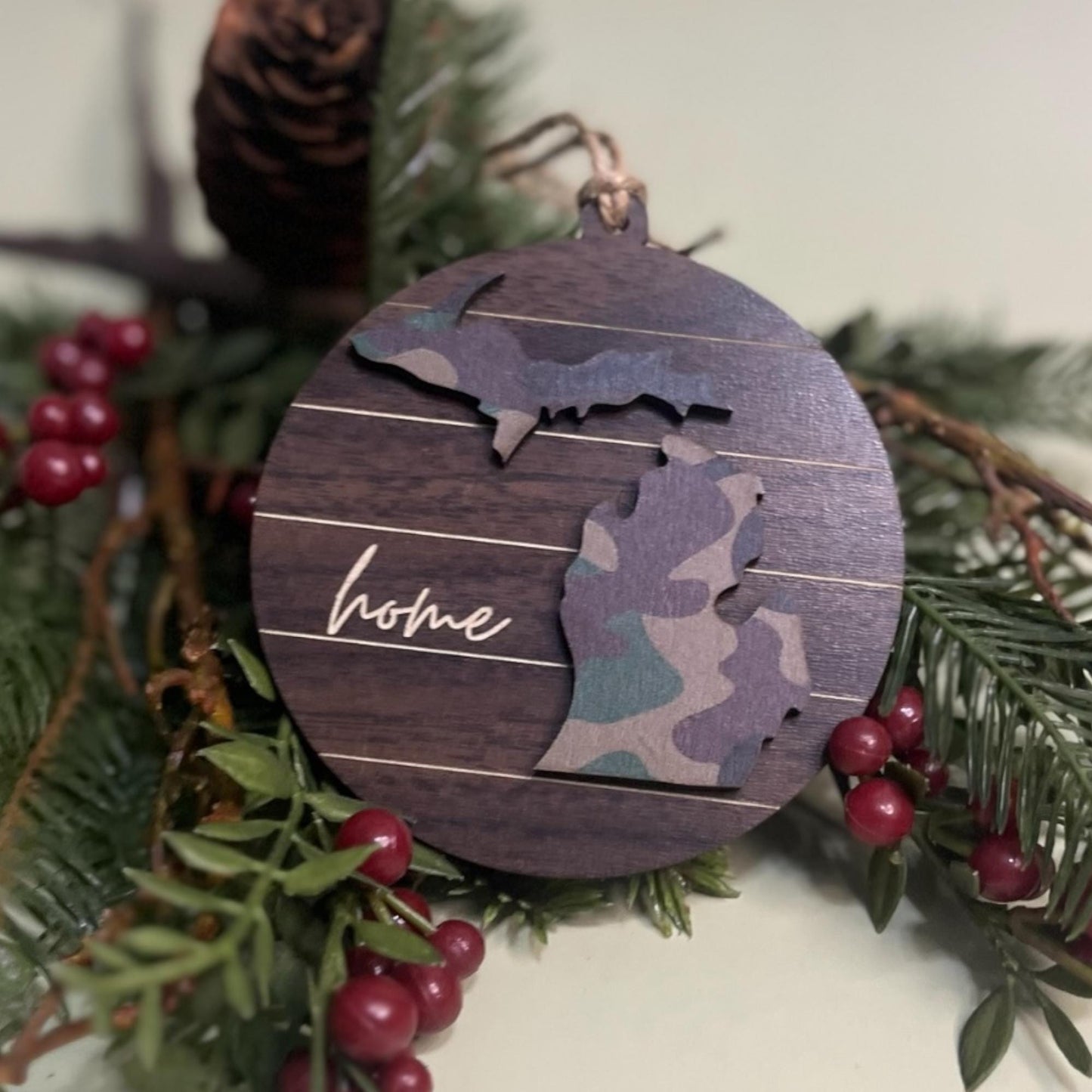 Camo Michigan Ornament – Rustic Hunter Gift, “Home” State Pride