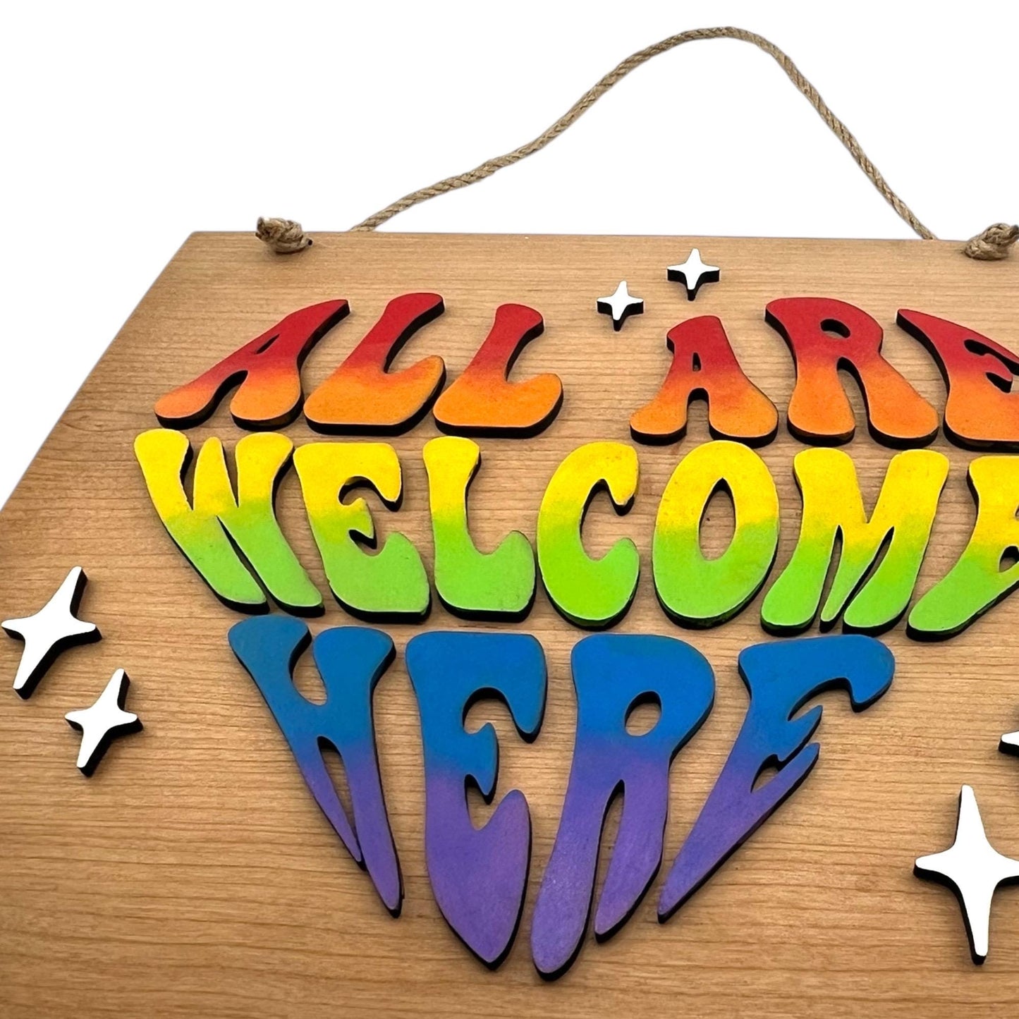 Rainbow All Are Welcome Here Sign | Inclusive Wood Wall Decor