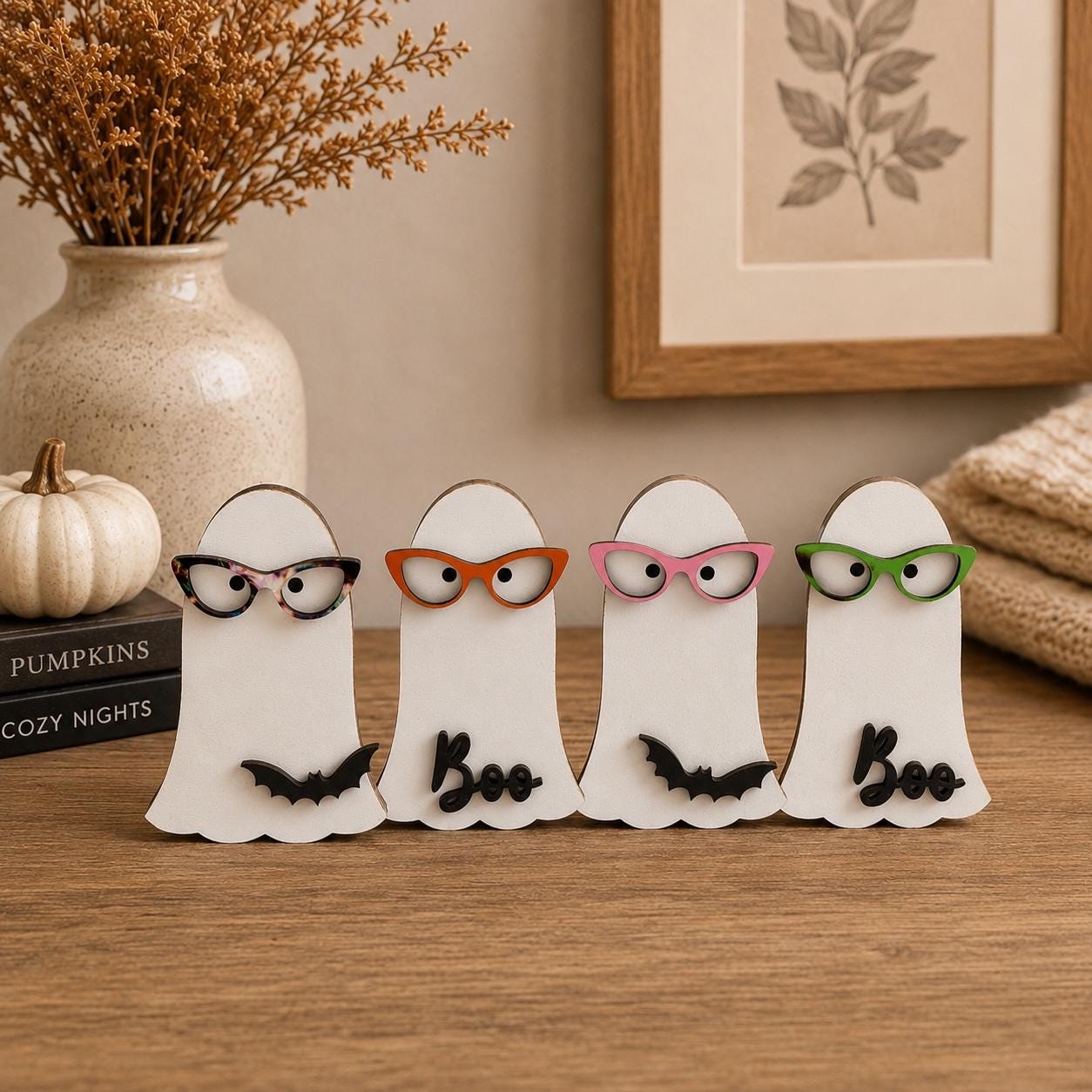 Halloween Ghost Shelf Sitter with Cat-Eye Glasses, Bat, Boo Decorations