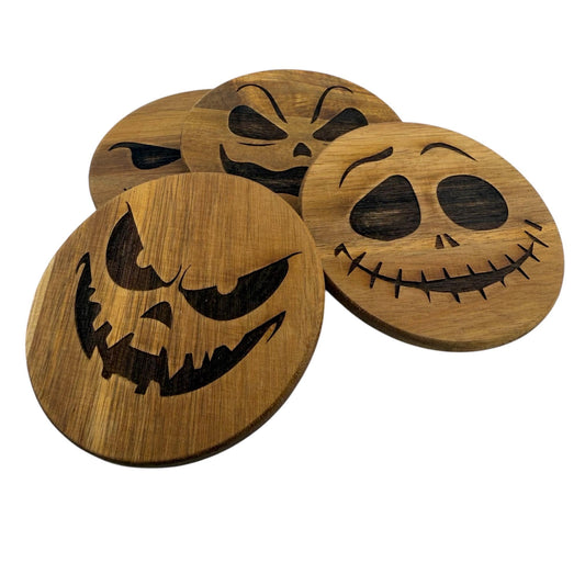 Set of 4 Wood Jack-O’-Lantern Coasters | Spooky Decor
