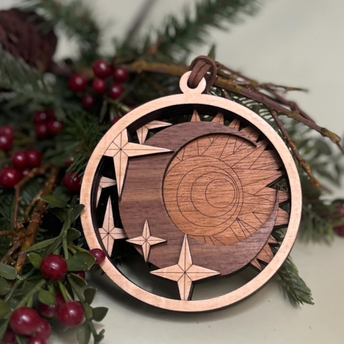 Handcrafted Wood Moon and Stars Ornament - Celestial Holiday Decor