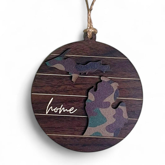 Camo Michigan Ornament – Rustic Hunter Gift, “Home” State Pride