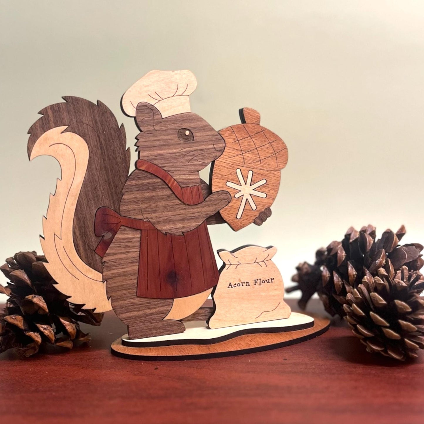 Baker Squirrel Christmas Decoration • Layered Wood Holiday Shelf Sitter