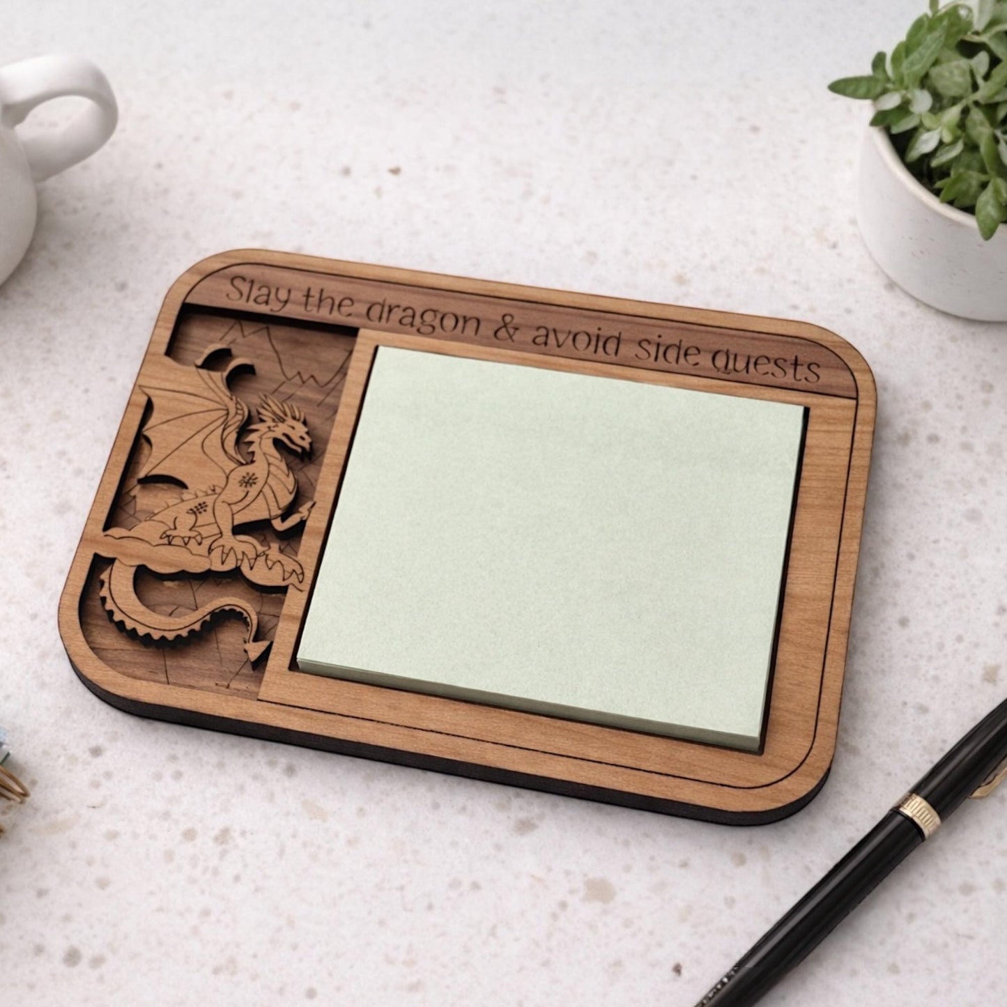 Laser Cut Dragon Sticky Note Holder | Wood Gamer Desk Organizer