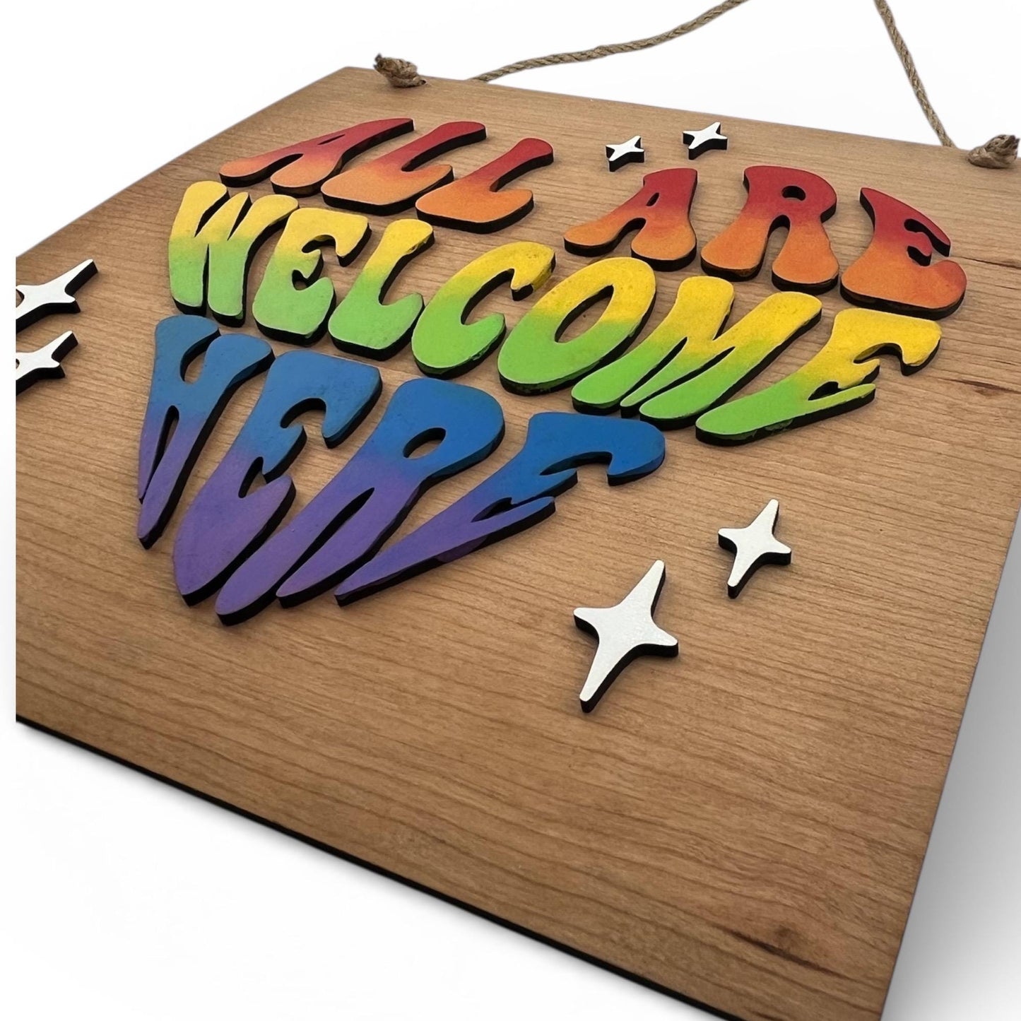 Rainbow All Are Welcome Here Sign | Inclusive Wood Wall Decor
