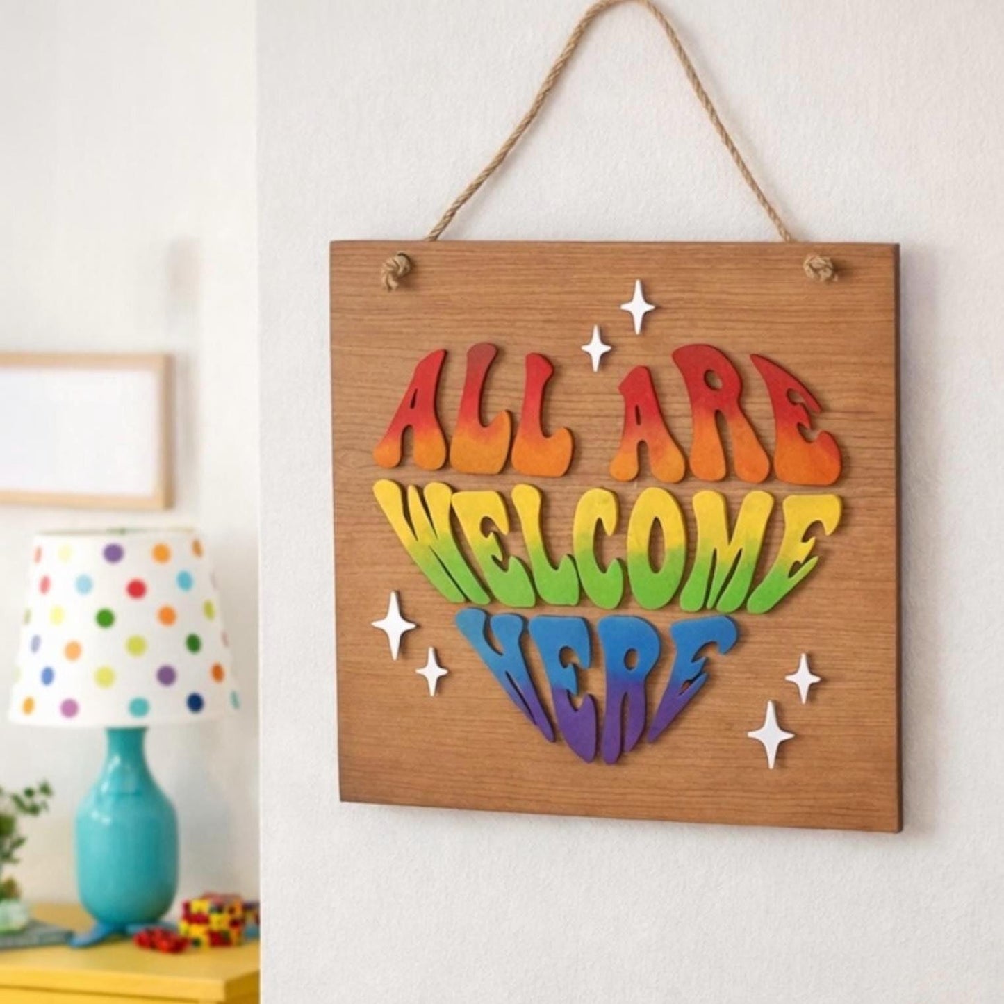Rainbow All Are Welcome Here Sign | Inclusive Wood Wall Decor