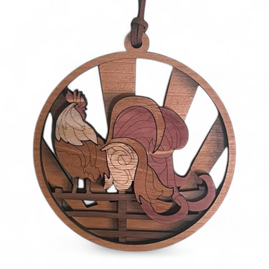 Handcrafted Layered Wood Rooster Ornament – Farmhouse Christmas Decor