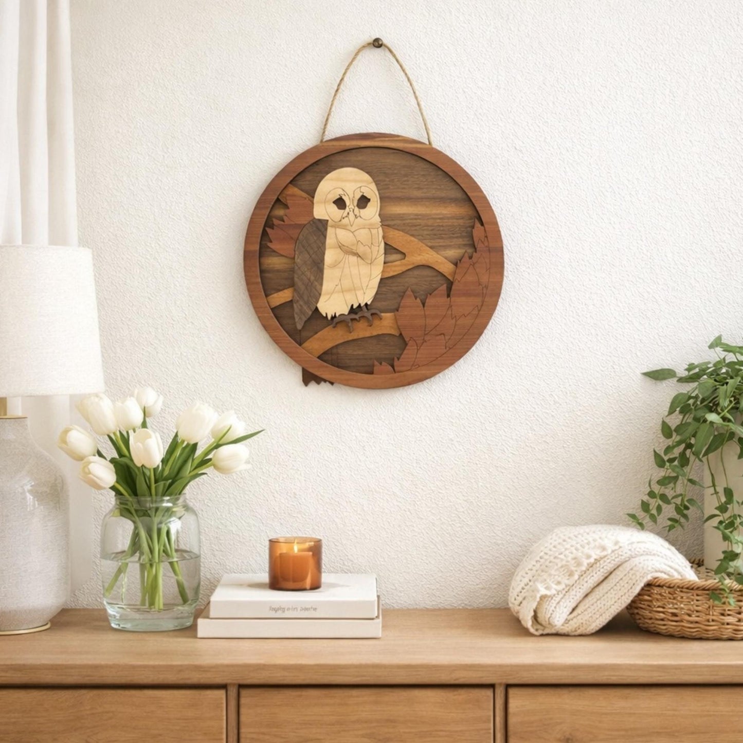 Woodland Owl Wall Art | Layered Wood Round Sign (9"x9")