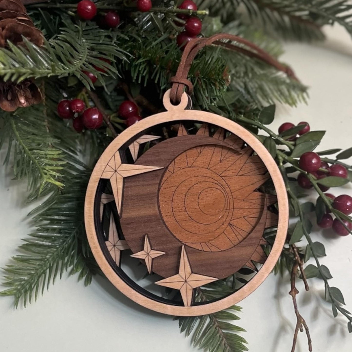 Handcrafted Wood Moon and Stars Ornament - Celestial Holiday Decor