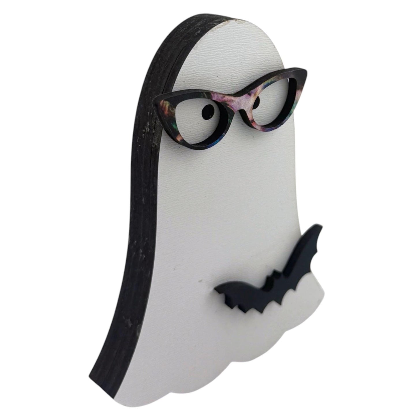 Halloween Ghost Shelf Sitter with Cat-Eye Glasses, Bat, Boo Decorations