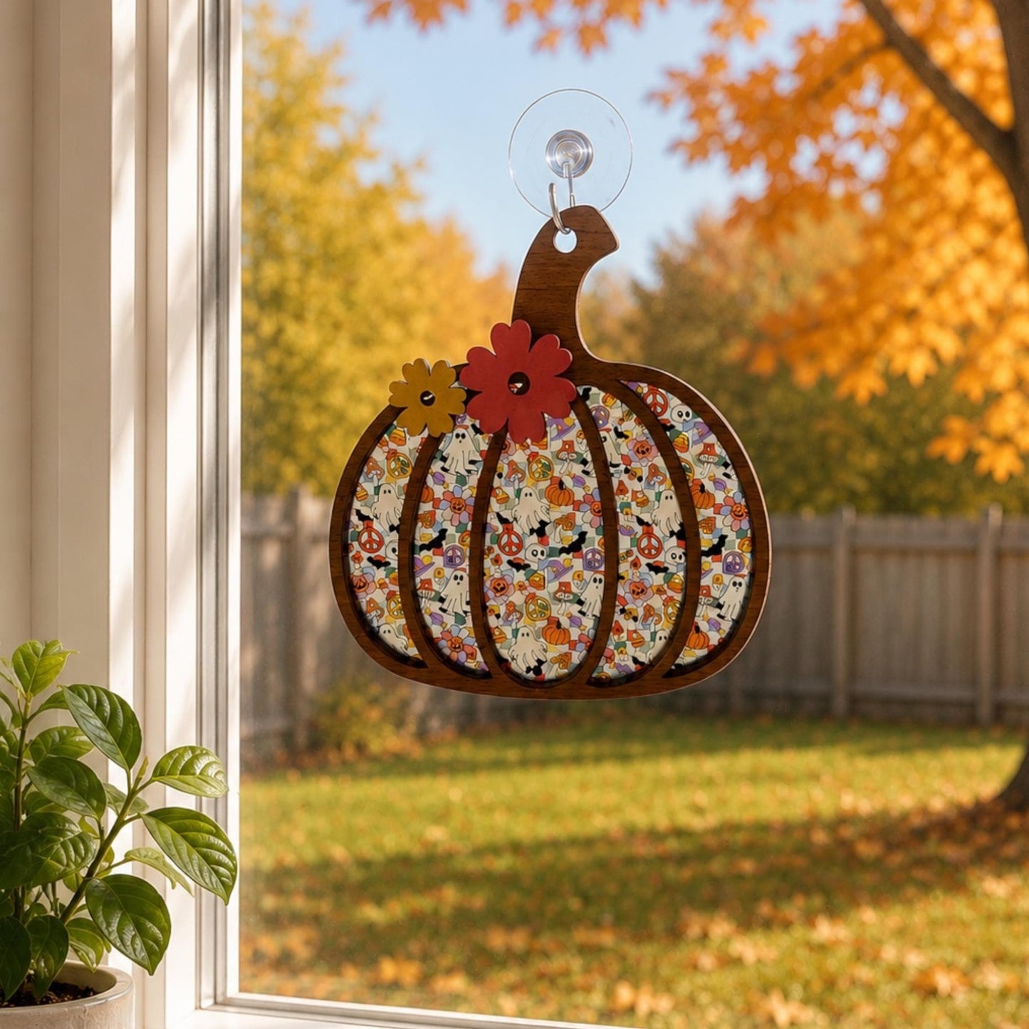 Floral Pumpkin Halloween Sun Catcher |  Whimsical Pumpkin Decor