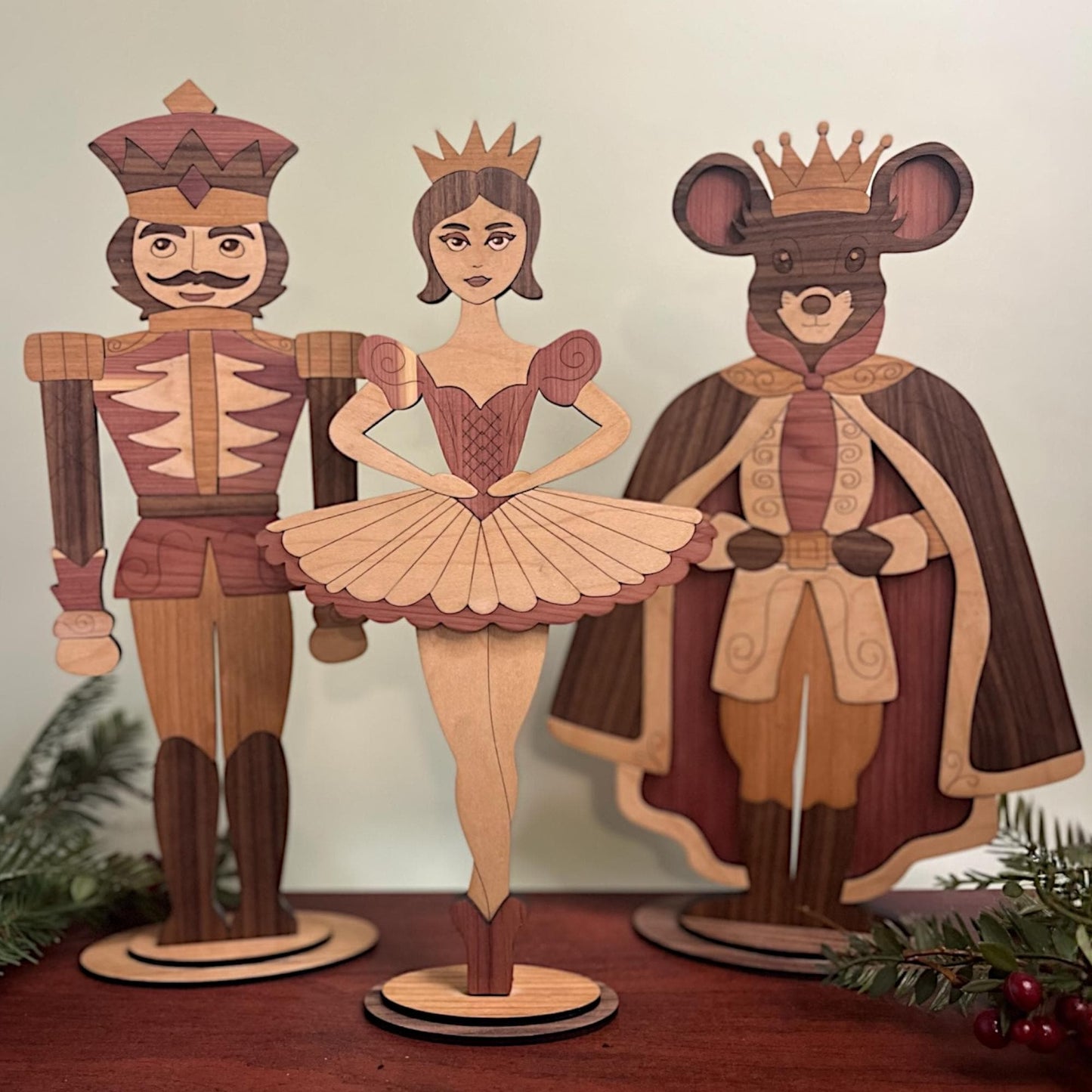 Handcrafted Wooden Nutcracker Suite Figurines: Ballerina, Prince, Mouse King