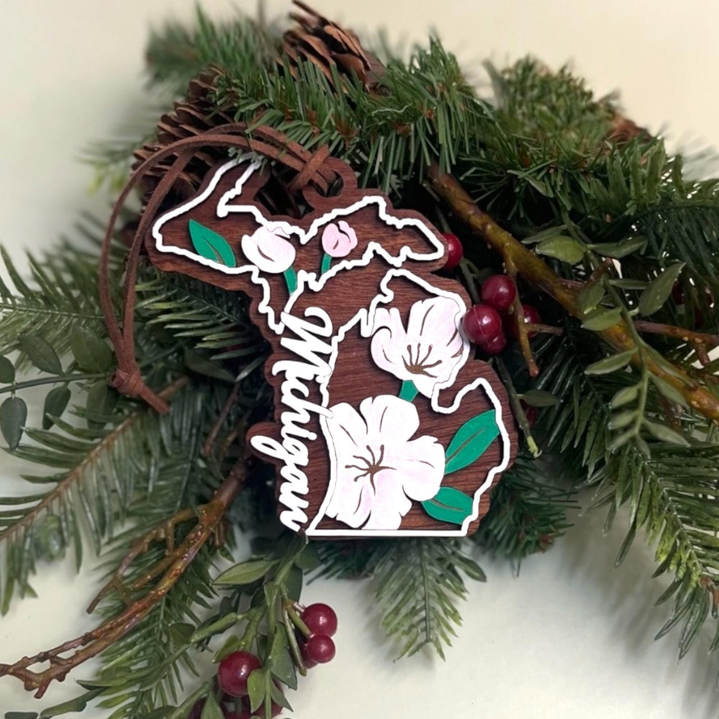 Michigan Apple Blossom Ornament – Hand Painted Floral State Map