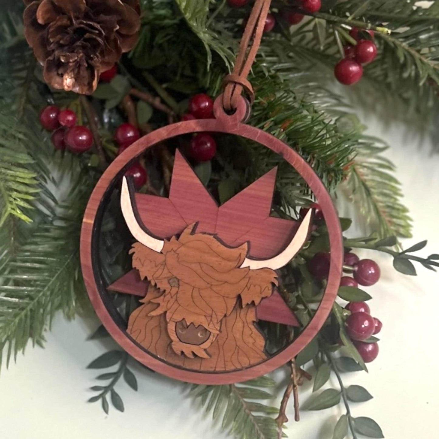 Highland Cow Wooden Christmas Ornament – Rustic Farmhouse Decor