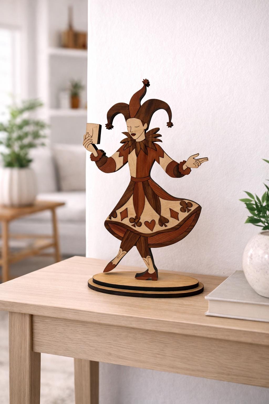 Laser Cut Jester Wood Sculpture | Whimsical Playing Card Decor