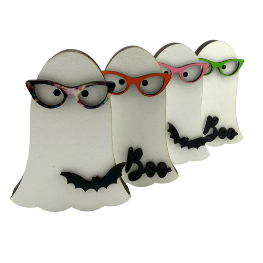 Halloween Ghost Shelf Sitter with Cat-Eye Glasses, Bat, Boo Decorations