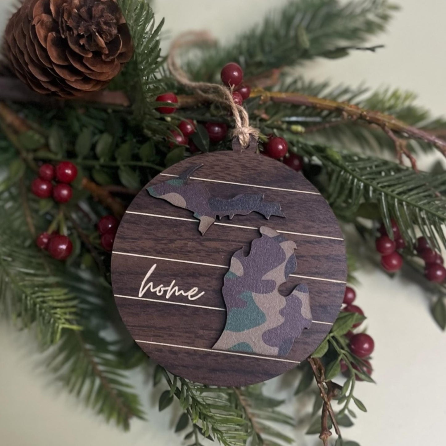 Camo Michigan Ornament – Rustic Hunter Gift, “Home” State Pride