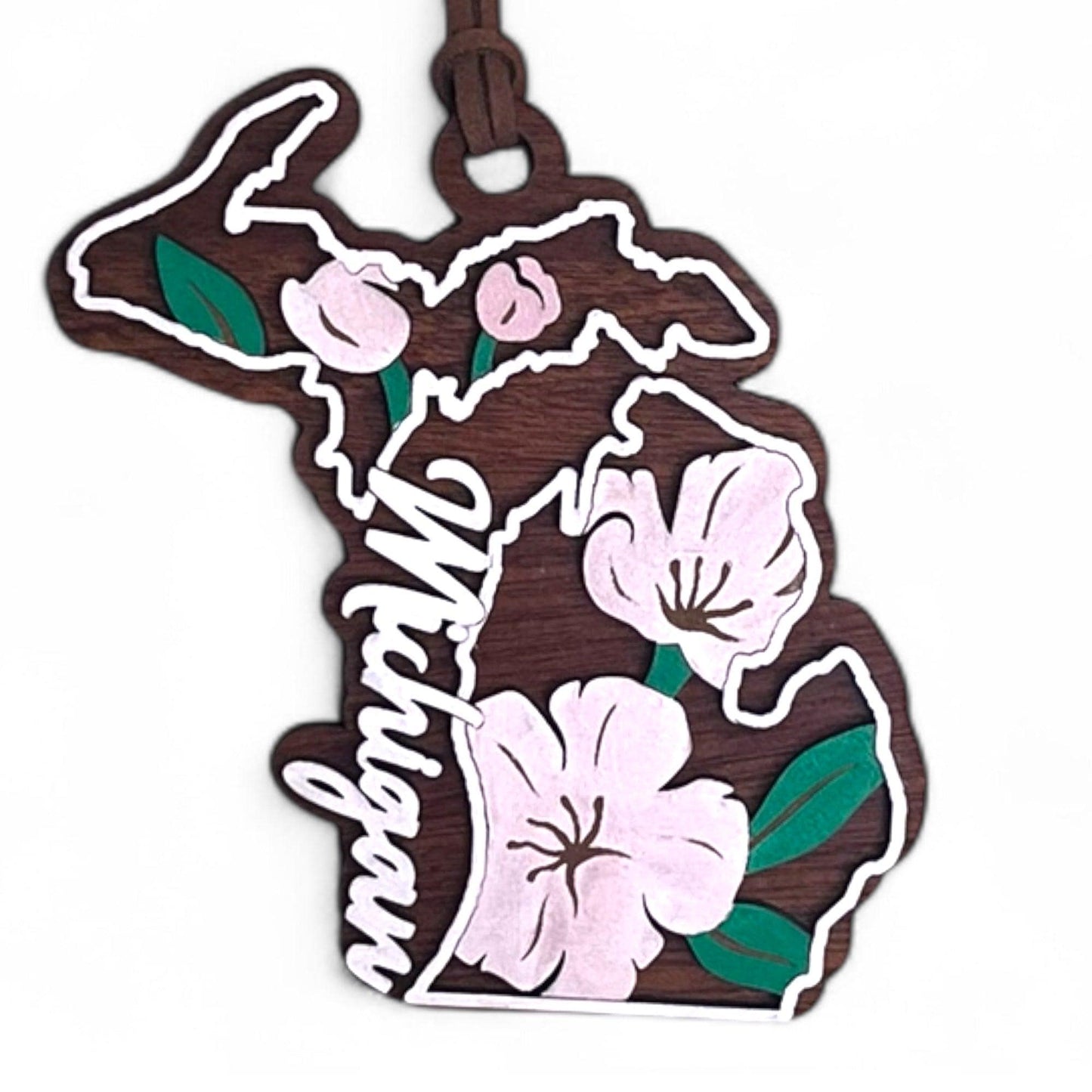 Michigan Apple Blossom Ornament – Hand Painted Floral State Map