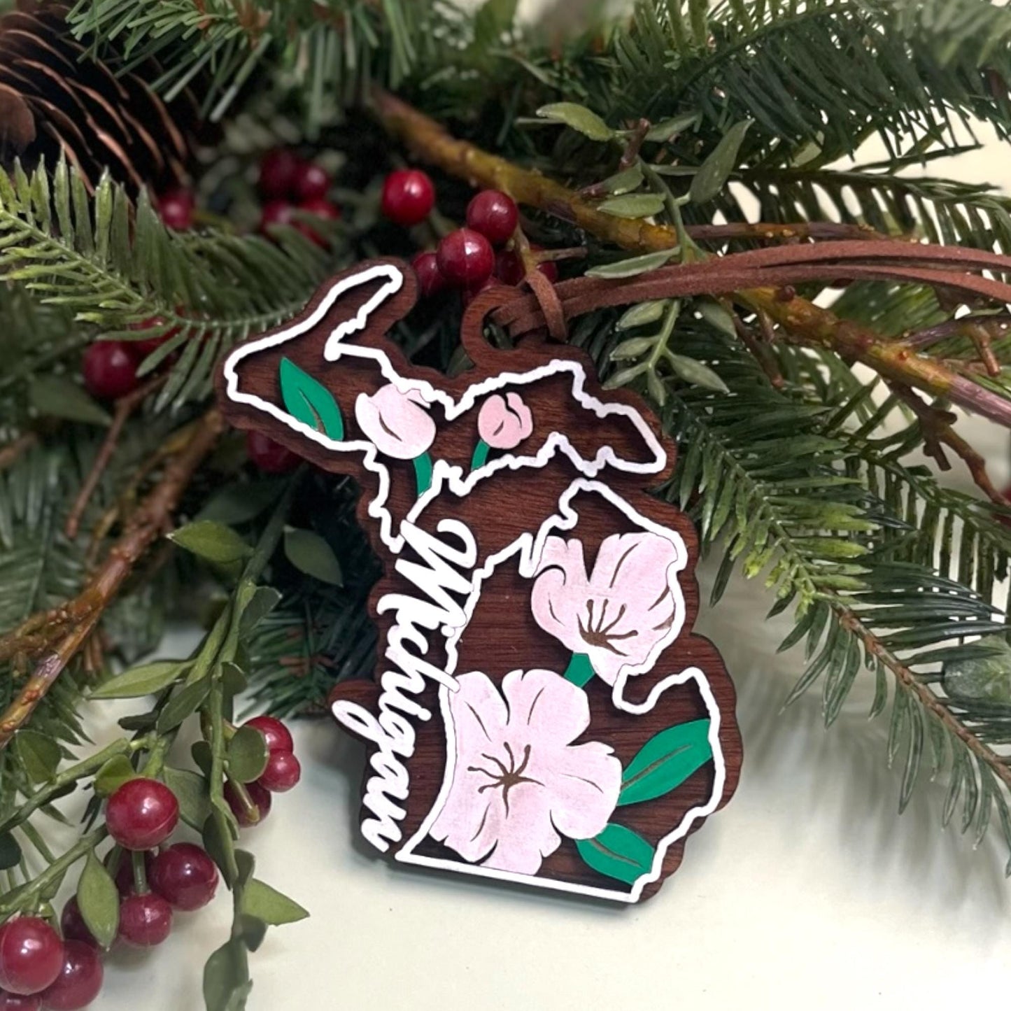 Michigan Apple Blossom Ornament – Hand Painted Floral State Map