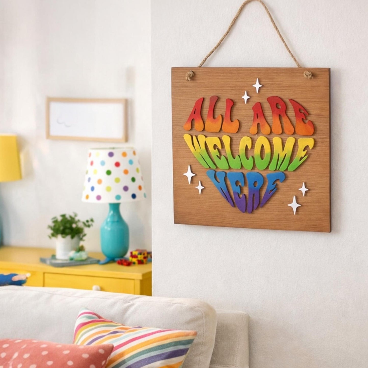 Rainbow All Are Welcome Here Sign | Inclusive Wood Wall Decor